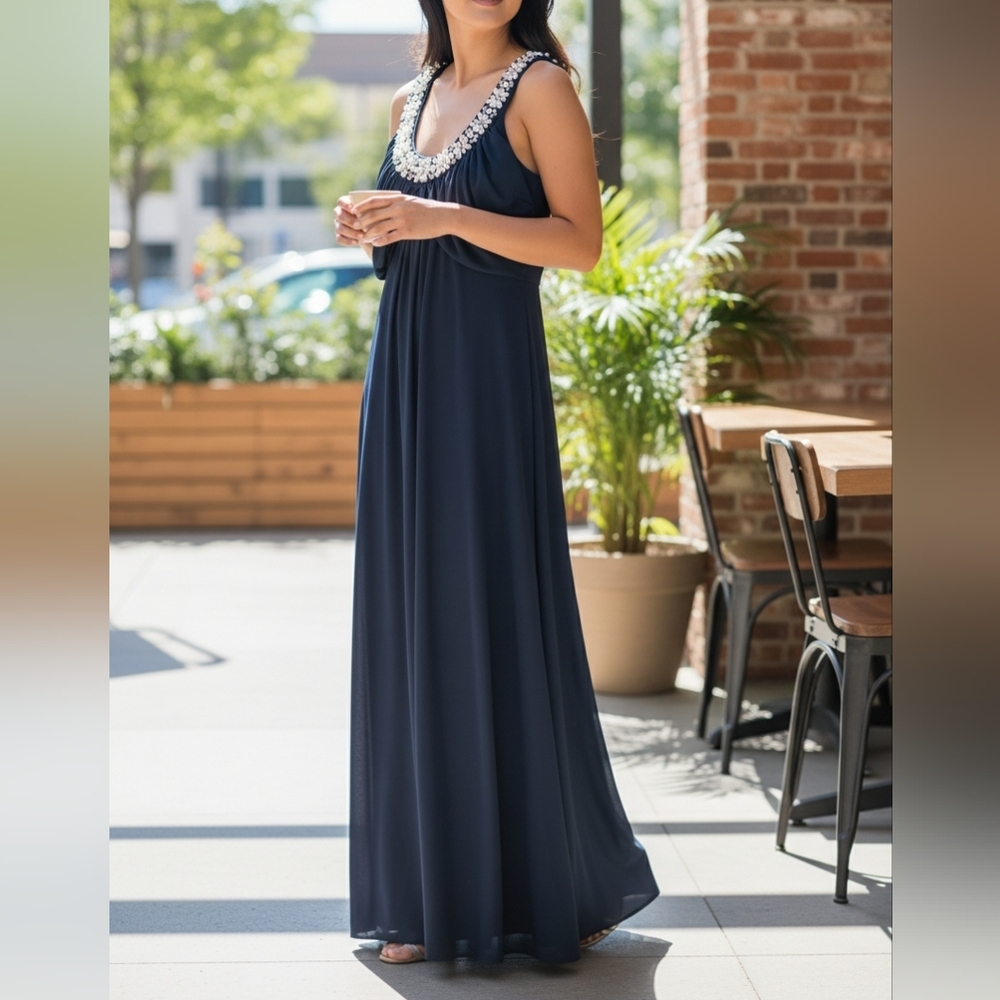 SOFT SURROUNDINGS | Stretchy Black‎ White Sleeveless Beaded Maxi Dress Gown | XL